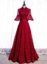 Burgundy Lace Short Sleeve Handwork Beading Prom Dress